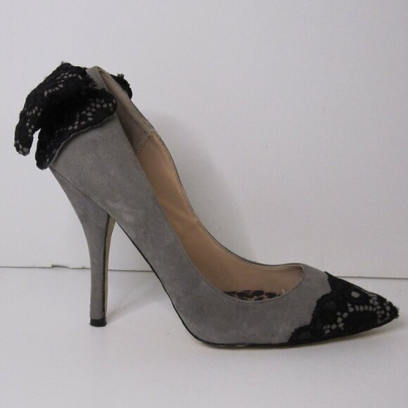 BETSEY JOHNSON Itsy Heels Women's 8.5 Black Bow Leopard Lace & Suede Pumps - Picture 9 of 11